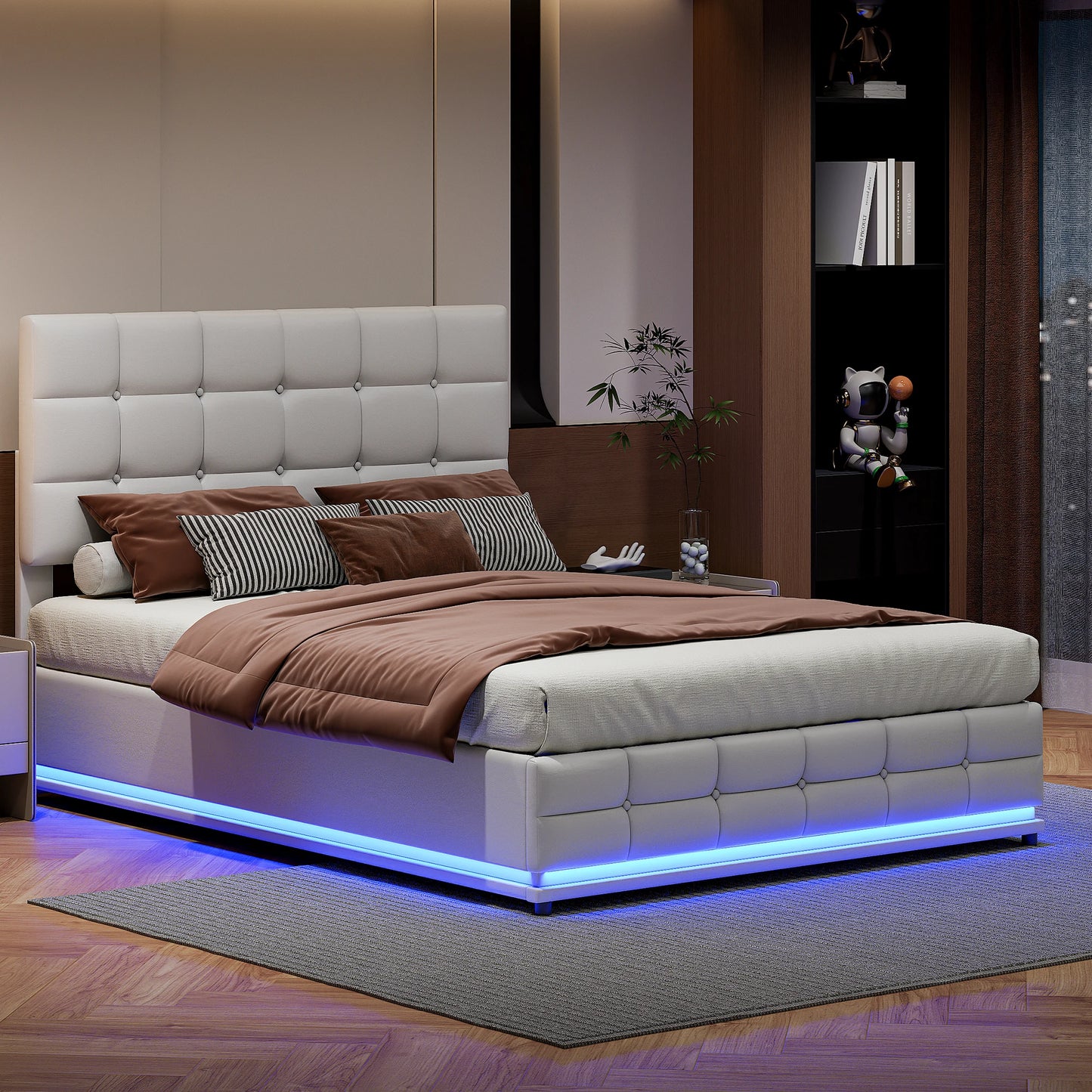 WoodenAura Polsterbett 140 x 200 cm, Metalllattenrost & Bettkasten, Doppelbett höheverstellbarem Polsterkopfteil & hydraulischem