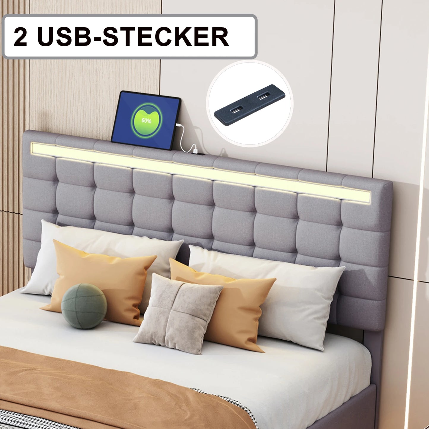 Comanlai Polsterbett 140 x 200 cm, mit LED-Leuchten, mit Lattenrost und Kopfteil, Jugendbett, Doppelbett, ohne Matratze, Grau