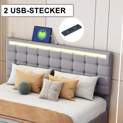 Comanlai Polsterbett 140 x 200 cm, mit LED-Leuchten, mit Lattenrost und Kopfteil, Jugendbett, Doppelbett, ohne Matratze, Grau