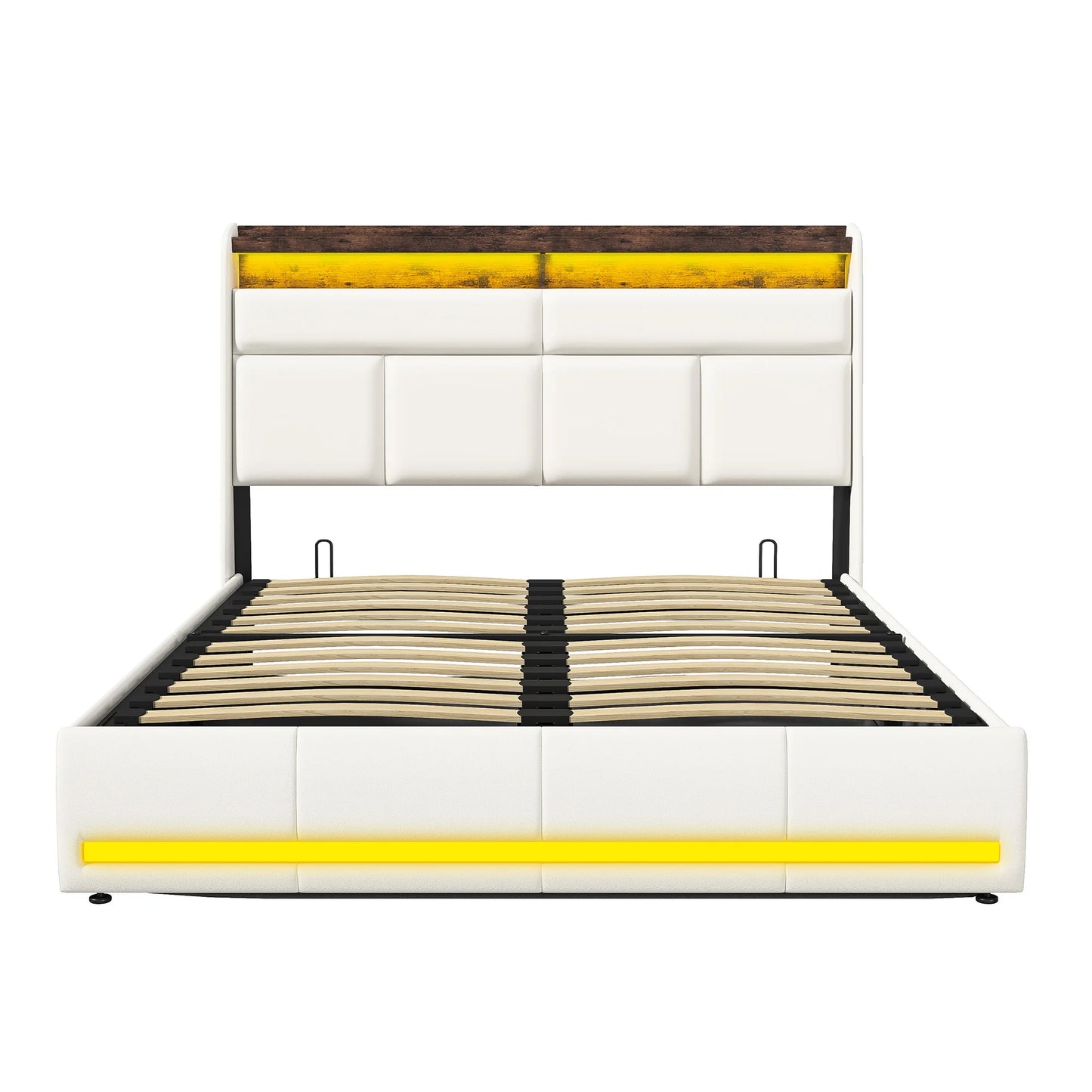 Anajqaqia 160 x 200 cm Polsterbett mit Lattenrost, hydraulisches Bett mit LED-Licht-Kopfteil und Stauraum, PU, Weiß