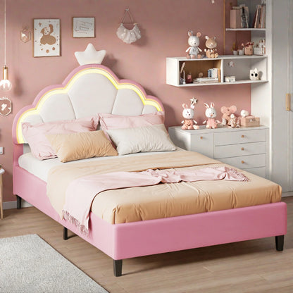 Rosahqnda Kinderbett, Gepolstertes Einzelbett, LED-Beleuchtung, Prinzessinnen-Mädchenbett mit Kronenblüten-Kopfteil, Lattenrost