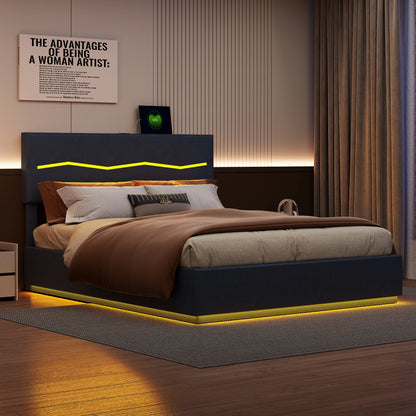 Rosahqnda Doppelbettgestell 140-160-180*200cm Polsterbett mit LED & USB & viel Stauraum, Jugendgästebett, PU, Beige/Schwarz