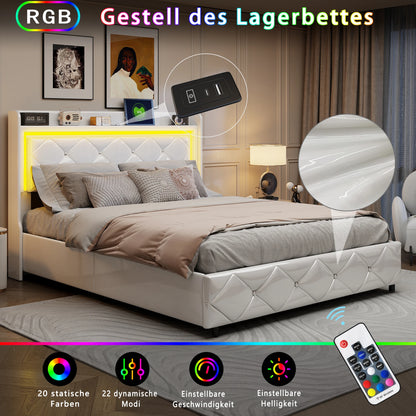 WoodenAura 140x200cm PU-Polsterbett, weißes Einzel und Doppelbett mit Lattenrost, Holz Kopfteil mit dekorativen Knöpfen, RGB-LED