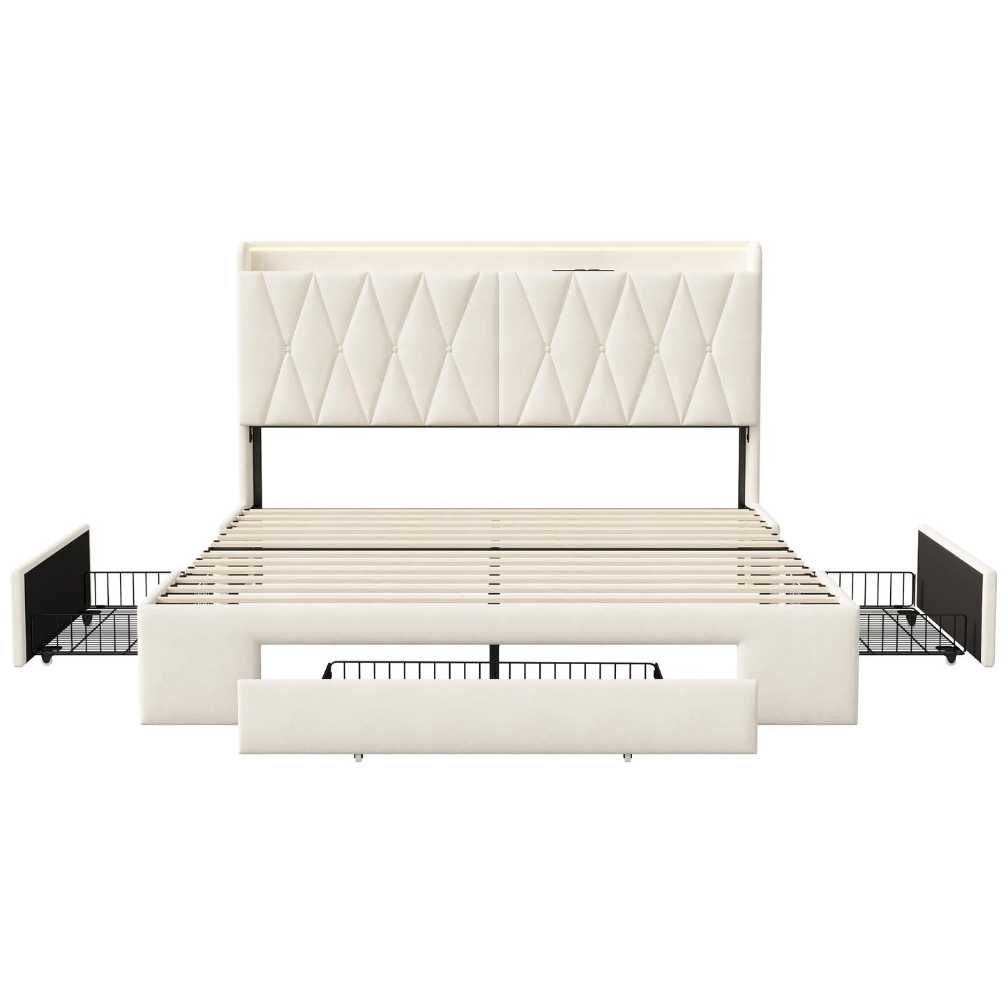 Comanlai Polsterbett 140 x 200 cm, Doppelbett mit 3 Schubladen, USB-Ladefunktion, ohne Matratze, Samt, Beige