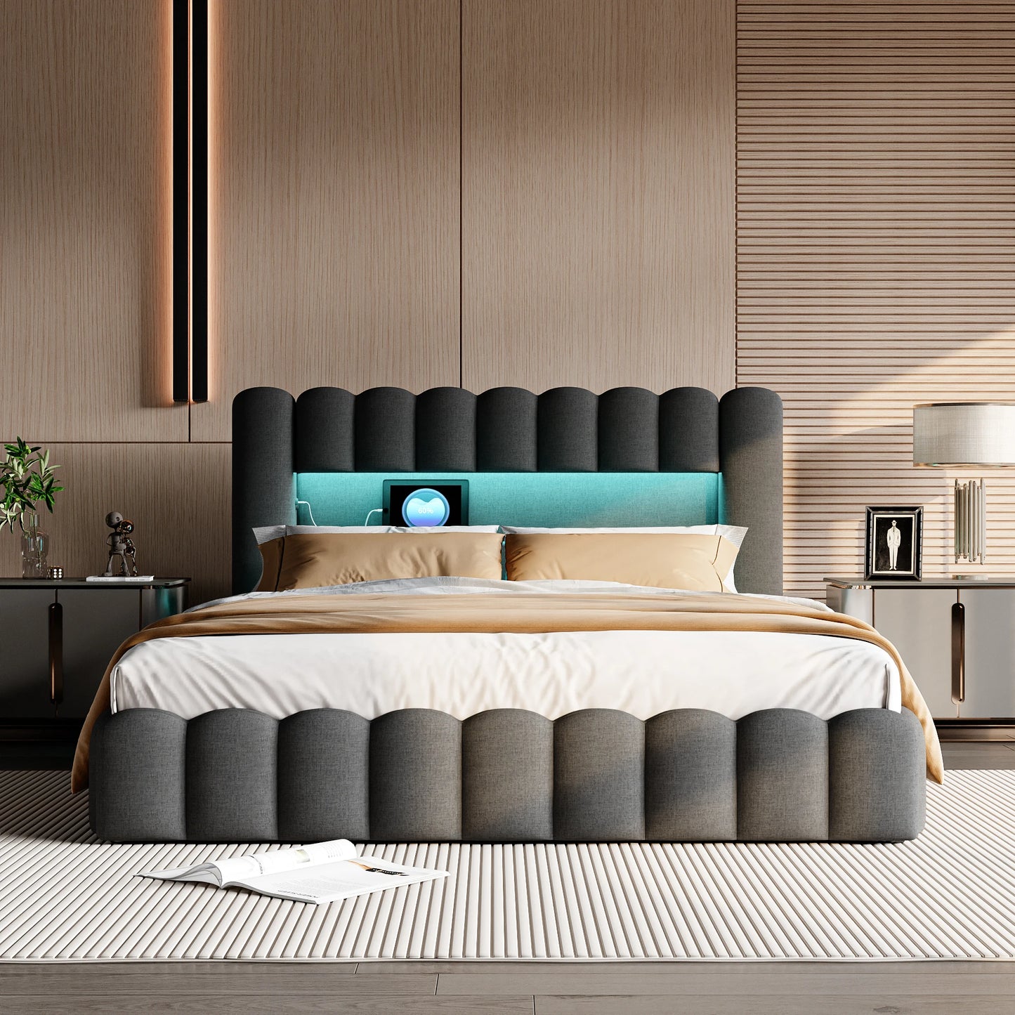 Rosahqnda Polsterbett mit LED- und USB-Anschluss, Leinenbaumstumpfbettgestell mit Kopfteil, 140 x 200 cm großes hydraulisches Bett ohne Matratze