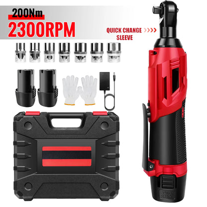 200 Nm kabelloser elektrischer Ratschenschlüsselsatz 90 °   3/8-Zoll-Winkelschlüssel mit 7-teiligem Steckschlüsselsatz, Ratschenwerkzeug mit 2 Lithiumbatterien
