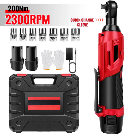200 Nm kabelloser elektrischer Ratschenschlüsselsatz 90 °   3/8-Zoll-Winkelschlüssel mit 7-teiligem Steckschlüsselsatz, Ratschenwerkzeug mit 2 Lithiumbatterien
