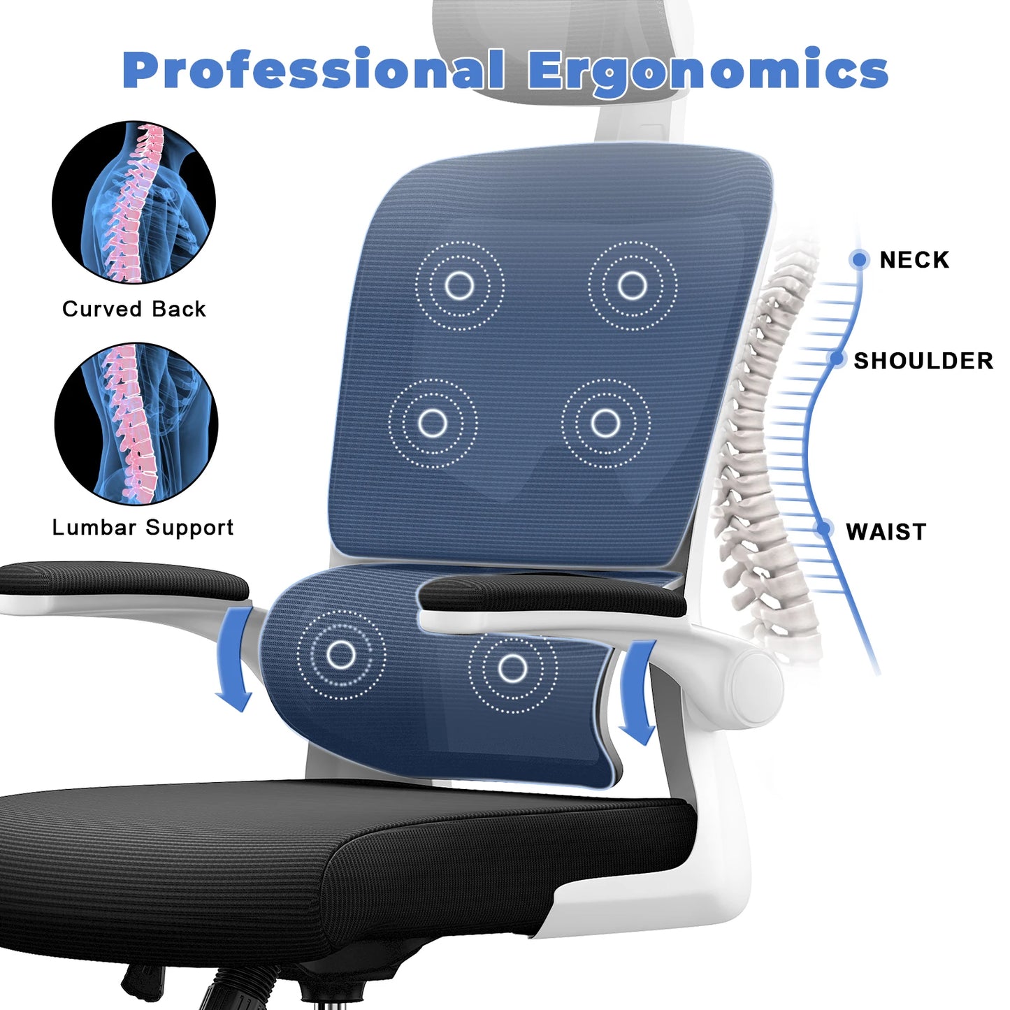 Ergonomic Office Chair Desk Chair with Folding Armrests Height-Adjustable Breathable Backrest Swivel Gaming Chair