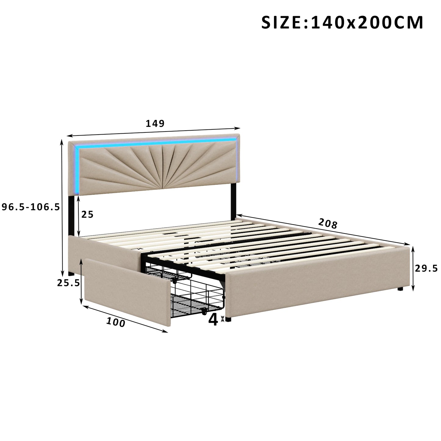 WoodenAura Polsterbett 140x200 cm mit LED-Beleuchtung,Doppelbett mit 4 Schubladen, Höhenverstellbarem Kopfteil und Holzgestell