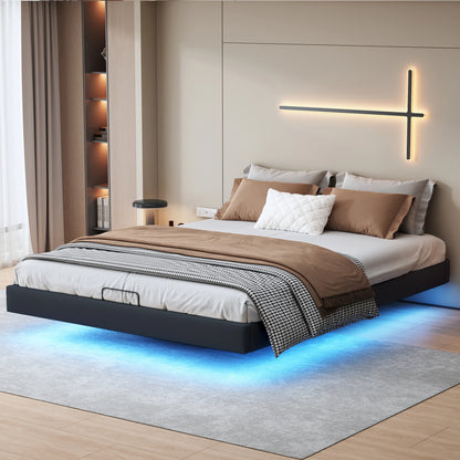 Rosahqnda Doppelbett 160 x 200 cm mit LED-Beleuchtung, Lattenrost aus Metall, schwebender Bettrahmen mit Licht, Schwarz (ohne Matratze)