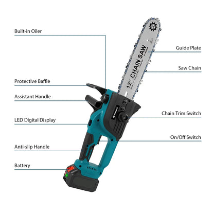 12 zoll Bürstenlosen Elektrische Kettensäge Mit Öler Cordless Elektrische Säge Garten Holzbearbeitung Schneiden Werkzeug Für Makita 18V Batterie pin
