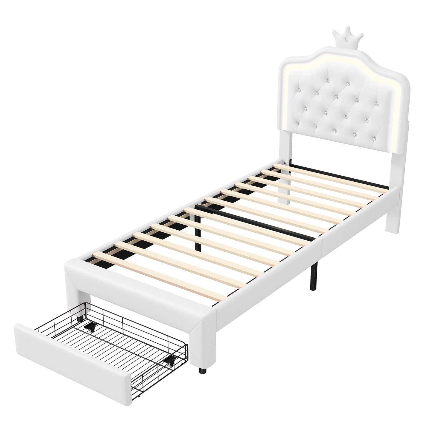 90x200cm Polster bett, Einzel bett mit Lattenrost und Rückenlehne, mit LED und großem Stauraum, PU, White, ohne Matratze