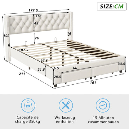 WoodenAura Polsterbett, beiger Samt, Kopfende mit 2 Schubladen, genietetes Kopfteil, Kommode, Stauraumbett mit LED-Beleuchtung