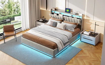 Rosahqnda Doppelbett,Kopfteil mit LED-Beleuchtung,USB-Anschlüssen und Ablagefach,Stauraumbett,Gästebett,Jugendbett,Samtstoff