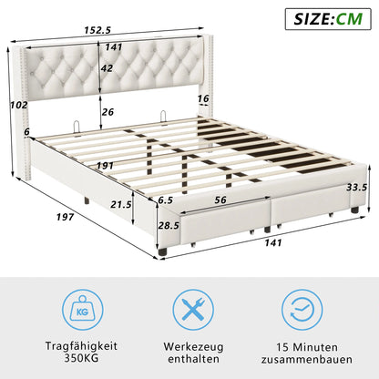Rosahqnda Modernes Doppelbettgestell, 140 x 190 cm, Bett mit Stauraum, 160–180 x 200 cm, mit LED, USB und 2 Schubladen, Teenagerbett, Gästebett, Samtbeige