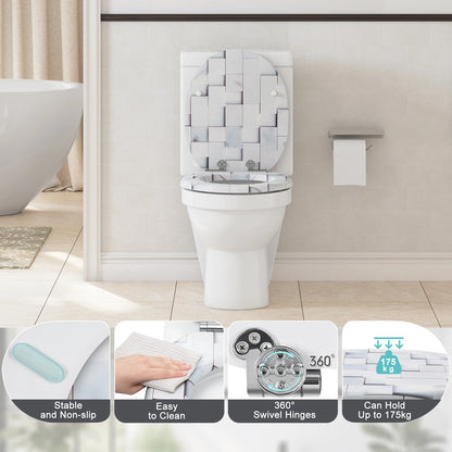 O-förmiger Toilettensitz, verstellbare Scharniere, Toilettendeckel mit Motiv, Soft-Close-Mechanismus für Badezimmer