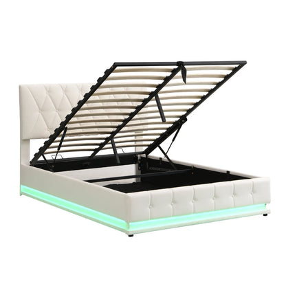 ROSAHQNDA 140x200 cm Polsterbett, PU-Lederbett mit LED- und USB-Anschlüssen, hydraulisches Boxbett, Kunstleder, ohne Matratze