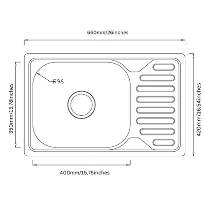66 x 42 cm großes Edelstahl-Küchenspüle mit Abtropffläche, silbrige Einzelschüssel-Spüle aus Inox, linke/rechte Installation