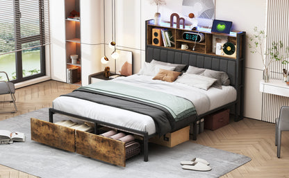 Rosahqnda Doppelbettgestell aus Eisen mit LED & USB & Schubladen, Polsterbett 140-160-180*200cm,Stauraum-Kopfteil,Jugendbett,PU