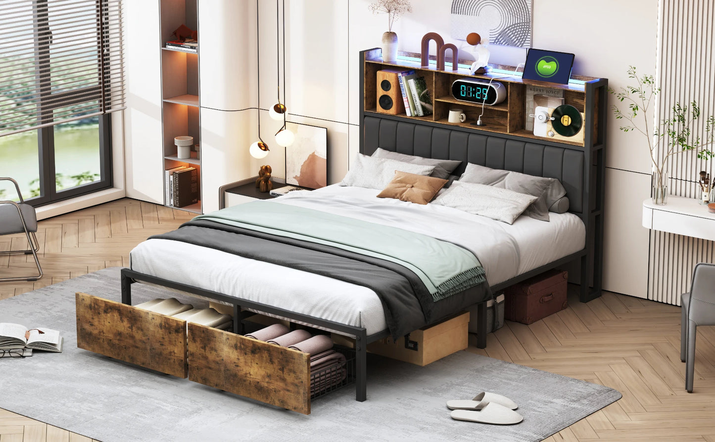 Rosahqnda Doppelbett aus Eisen, Rahmen mit LED, USB und Schubladen, gepolstertes Bett, 140–160–180 x 200 cm, Stauraum, Kopfteil, Jugendbett, PU, Schwarz