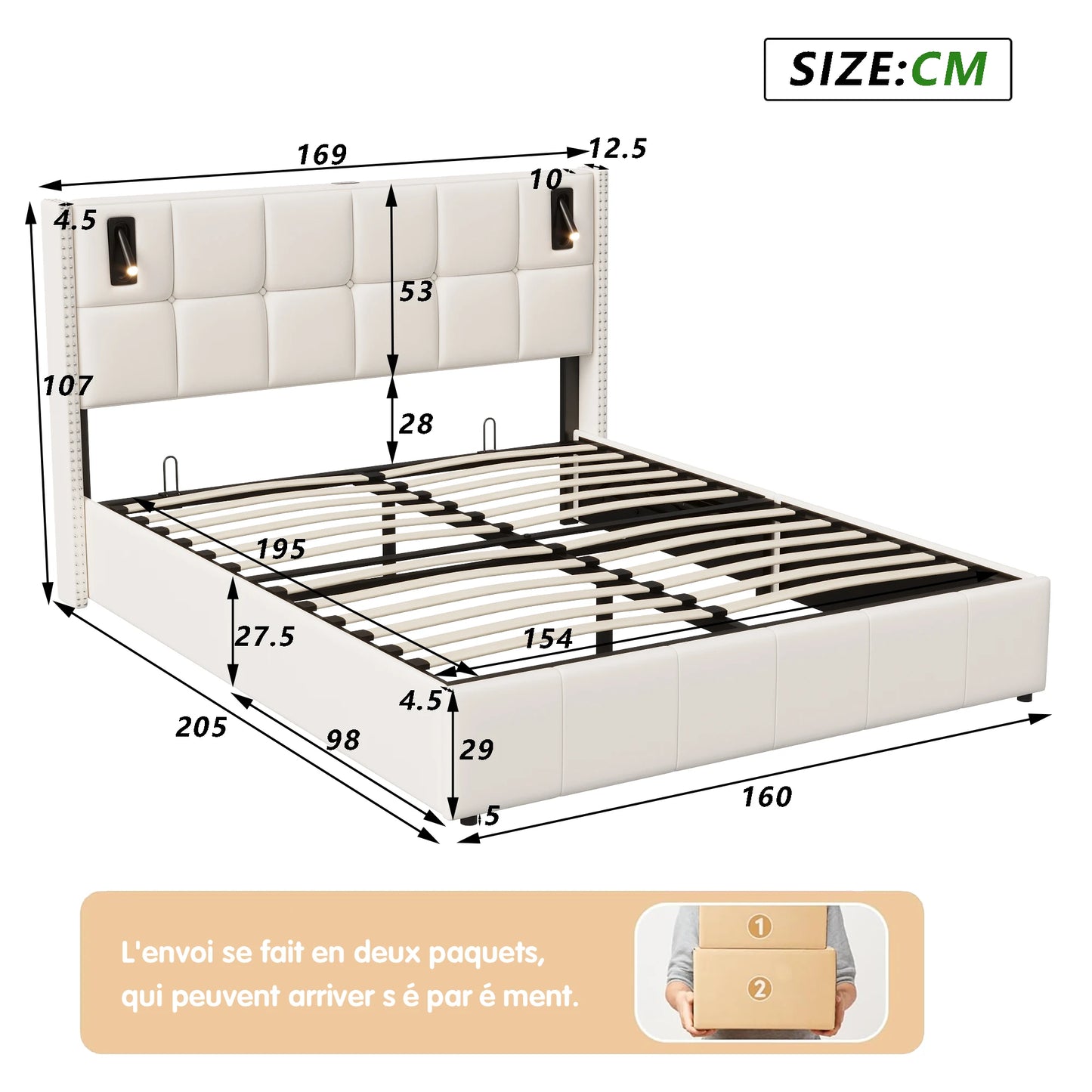 ROSAHQNDA Modernes Polsterbett, hydraulisches Doppelbett mit Leseleuchten, 140/160x200cm, Samtbett mit Stauraum, ohne Matratze