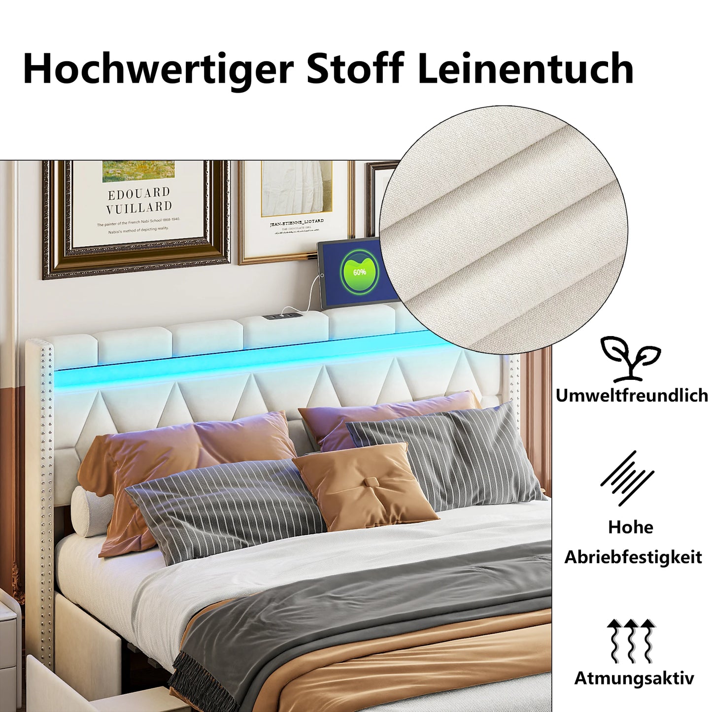 Comanlai Polsterbett, 160 x 200 cm, mit LED-Kopfteil und USB, mit 4 Schubladen, ohne Matratze, Leinenbeige
