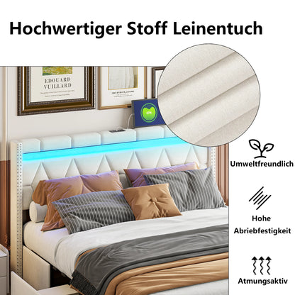 Comanlai Polsterbett, 160 x 200 cm, mit LED-Kopfteil und USB, mit 4 Schubladen, ohne Matratze, Leinenbeige