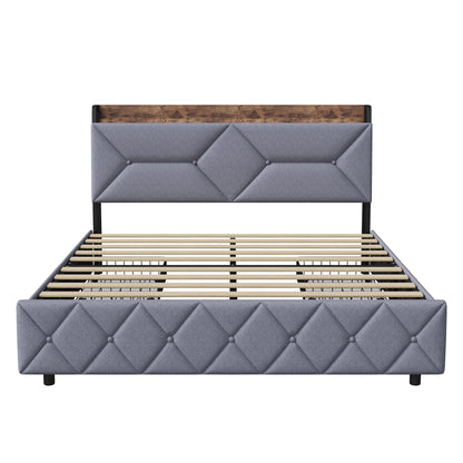 Bett 140 x 200 mit USB, Doppelbett mit 4 Schubladen, Kopfteil mit ausziehbarem Stauraum, Erwachsenenbett mit Lattenrost