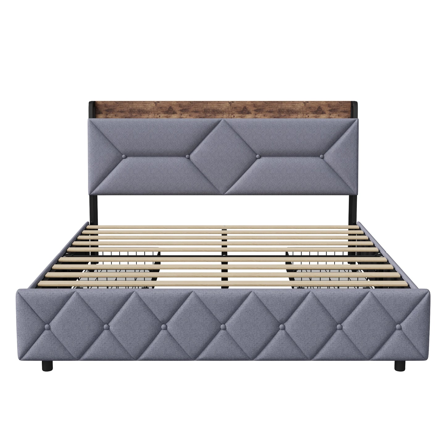 Bett 160 x 200 mit USB, Doppelbett mit 4 Schubladen, Kopfteil mit ausziehbarem Stauraum, Erwachsenenbett mit Lattenrost aus Holz