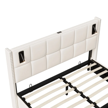 Rosahqnda Polsterbett 160x200 cm mit Stauraum,Kopfteil mit LED-Leselicht,Kupfernieten Modernes Bettgestell,Grauer Samtstoff