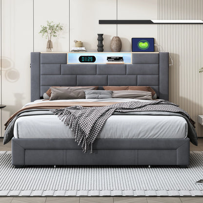 Upholstered Bed 160x200cm with LED and USB Charging Socket,Drawer Storage Bed,Bedside Storage,Adult Livingroom,Gray,Velvet