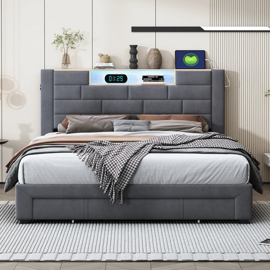 Upholstered Bed 160x200cm with LED and USB Charging Socket,Drawer Storage Bed,Bedside Storage,Adult Livingroom,Gray,Velvet