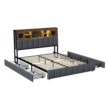 WoodenAura Polsterbett 140x200cm, Doppelbett mit 4 Schubladen, LED Kopfteil mit USB Ladefunktion, Rückenlehne Bett mit Stauraum