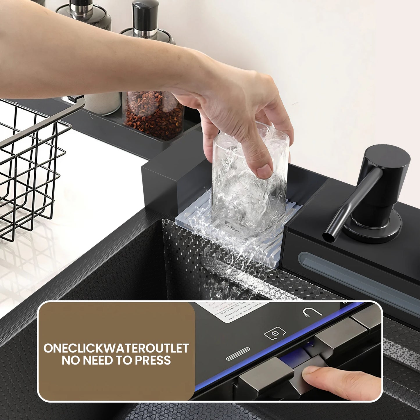 Wasserfall-Küchenspüle aus Edelstahl 304, großes Einzelschlitz-Wasserhahn-Set mit integrierter Digitalanzeige, Seifenspender, Tassenwascher