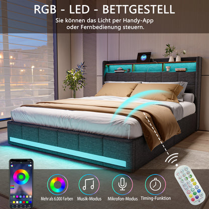 Bett mit Schubladen, 140/160 x 200 cm, Stauraumbett mit USB-Ladefunktion und LED-Kopfteil, Doppelbett mit Stauraum und 4 Schubladen. Jugendbett, funktionales Bett, Kopfteil, Lattenrost aus Holz, grau.