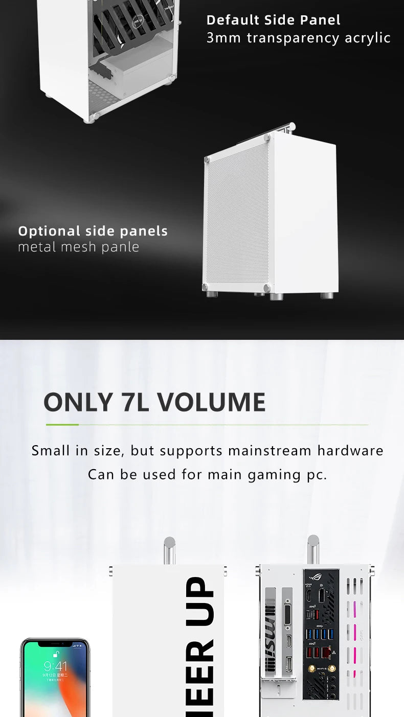 METALFISH T40 Mini ITX Black Case 7L Gaming Computer Chassis Compact transparent PC Support SFX PSU/70mm Cooler/206mm GPU.