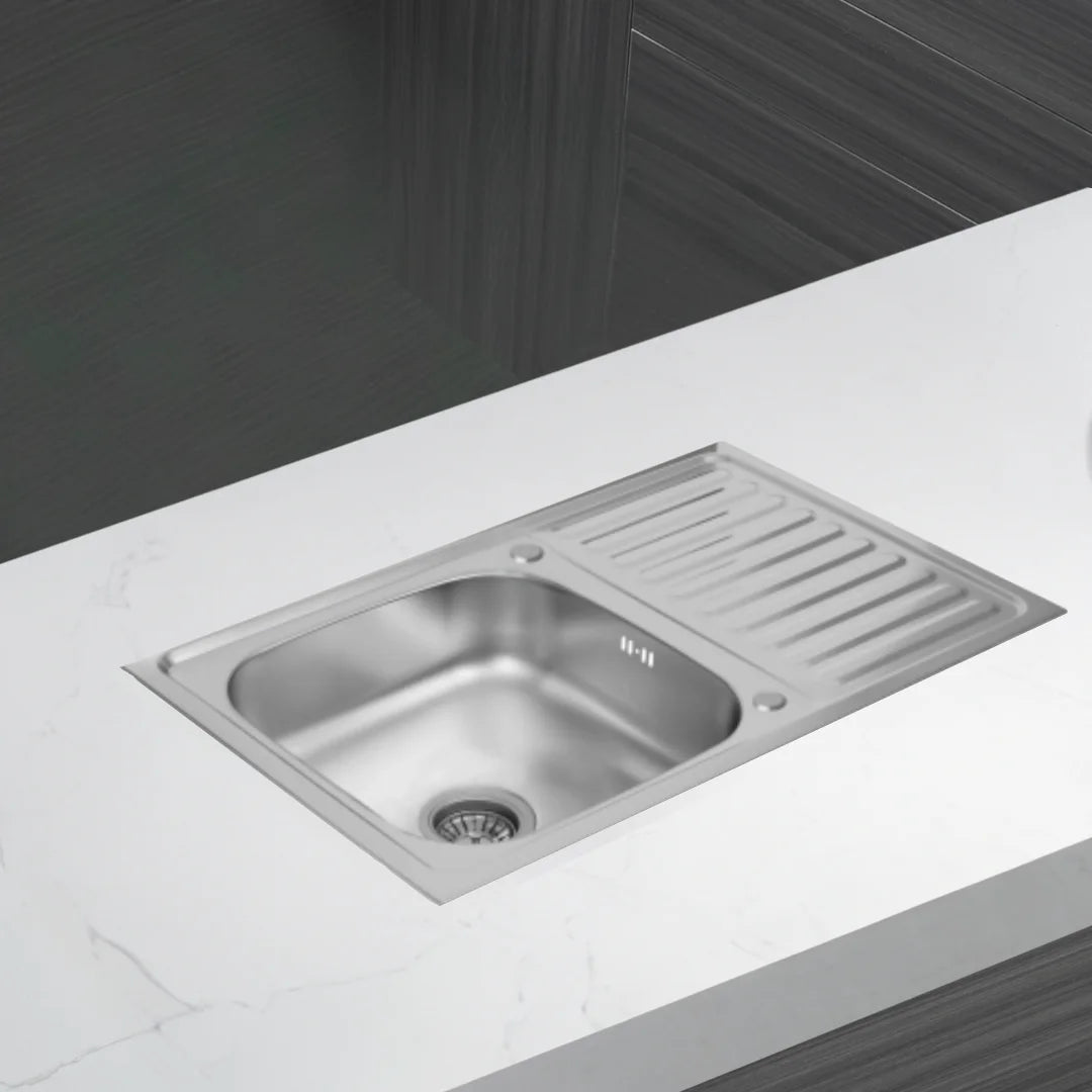Küchenspüle aus Edelstahl, 80 x 60 cm, mit Abtropffläche, Einzelschüssel, Wasserhahnloch, umschaltbar auf der Oberseite