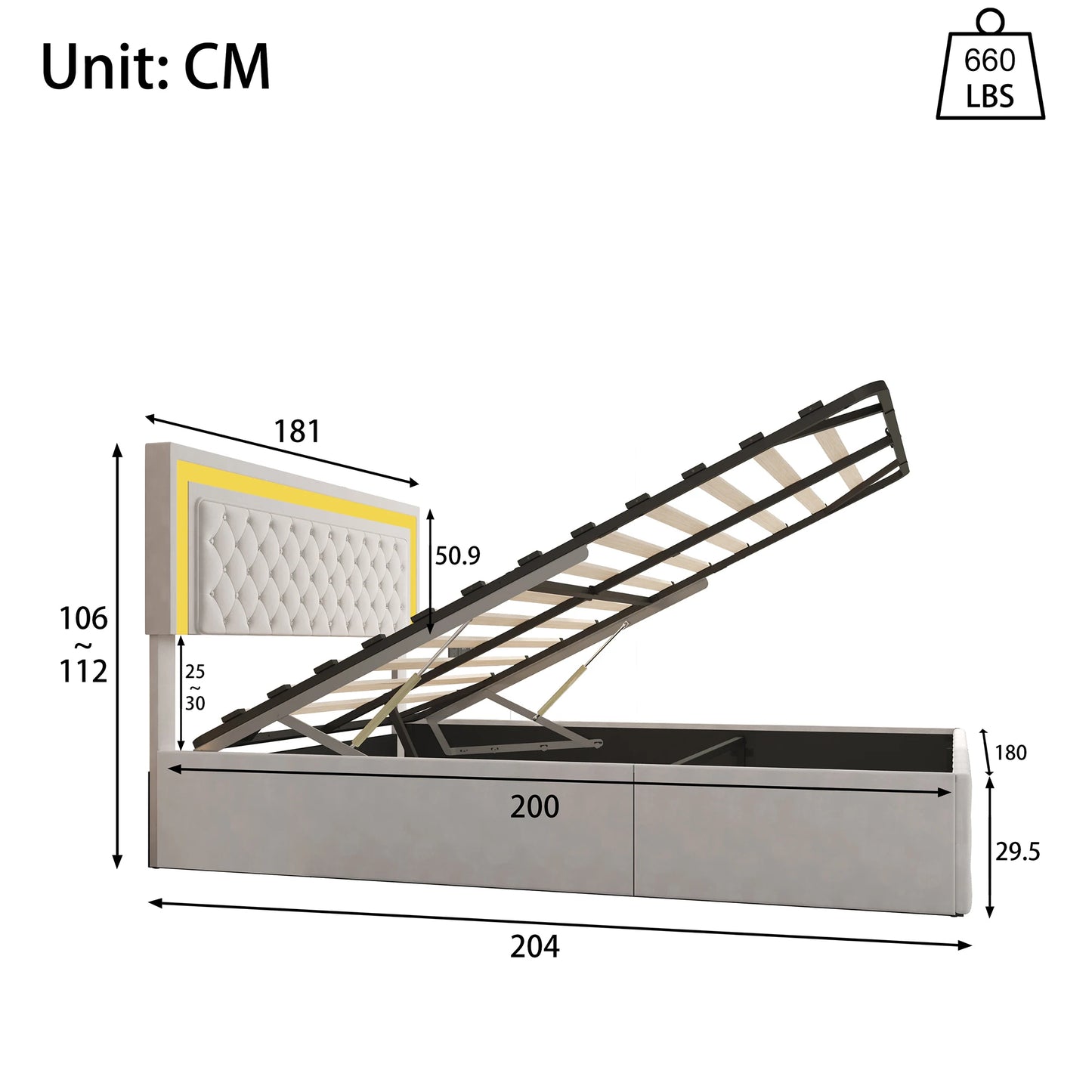 Rosahqnda Doppelbettgestell 140–160–180 x 200 cm, verstellbares LED-Kopfteil, hydraulisches Bett mit Stauraum, gepolstertes Jugendbett, Samt