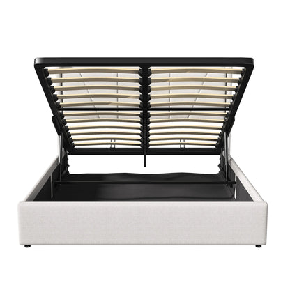 Doppelbett mit LED-Beleuchtung und 2 USB-Lademöglichkeiten, Hydraulisches Bett 140x200cm,Polsterbett mit Lattenrost, Leinenstoff