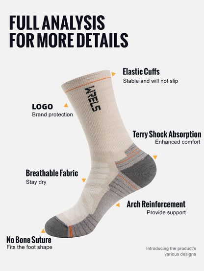 WRELS Merino Wool Socks Hiking Running Socks Soft Lightweight Shock Absorption Damping Mid-Calf Breathable Ankle Cycling Socks.