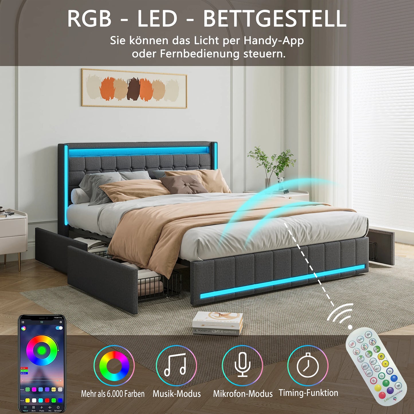 Polsterbett 140x200 cm,LED Doppelbett mit 4 Schubladen und Lattenrost,Kopfteil mit stauraum und USB-Ladefunktion,Bettgestell