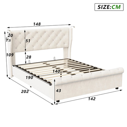 Doppelbett 140 x 190 cm mit LED-Beleuchtung und USB-Ladeanschluss, gepolsterte Doppelbettbetten mit Stauraum und Lattenrost, Samt, Beige