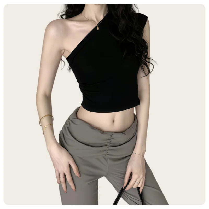 Korean Style Women's Black and Brown Asymmetrical Pleated Sleeveless Slim-Fit One-Shoulder Crop Top.