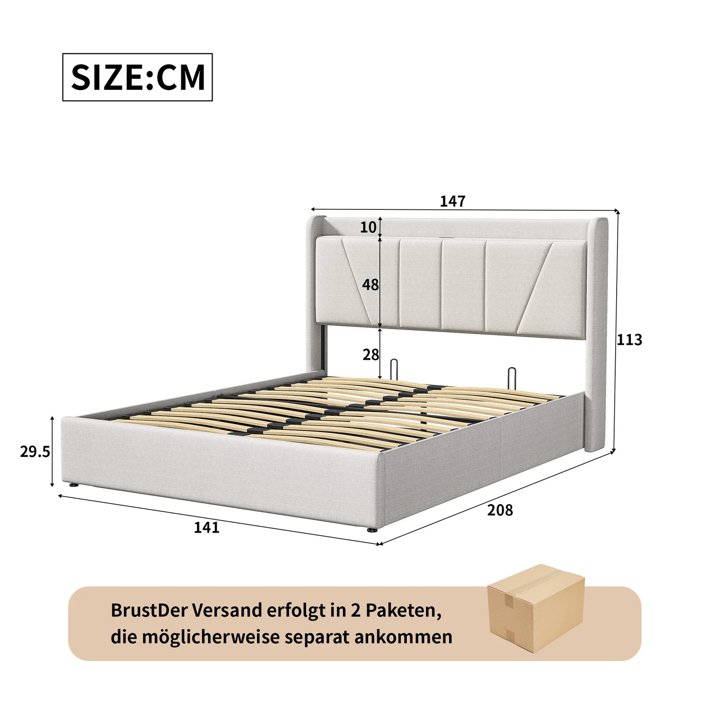 Comanlai 140 x 200 cm Polsterbett, hydraulisches Bett mit Stauraum, mit USB und Typ C, Jugendbett, ohne Matratze, Leinenstoff, Beige