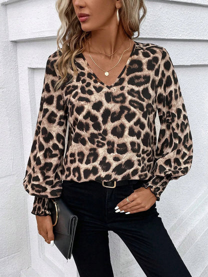 Mia Muse Women's Blouses Autumn Winter Simple Fitting Slim Leopard Long Sleeve V-Neck High Street Blouses.