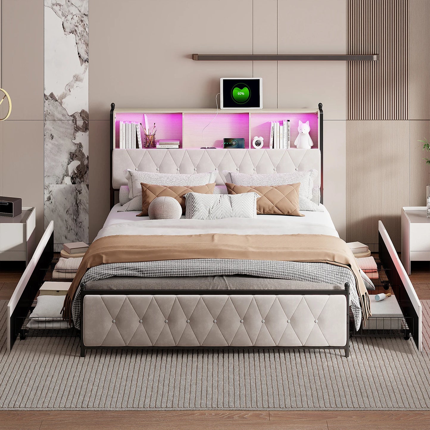 ROSAHQNDA Modernes gepolstertes Bettgestell mit Schubladen, LED-Bücherregal-Kopfteil mit USB-Anschlüssen, 140/160/180 cm, ohne Matratze