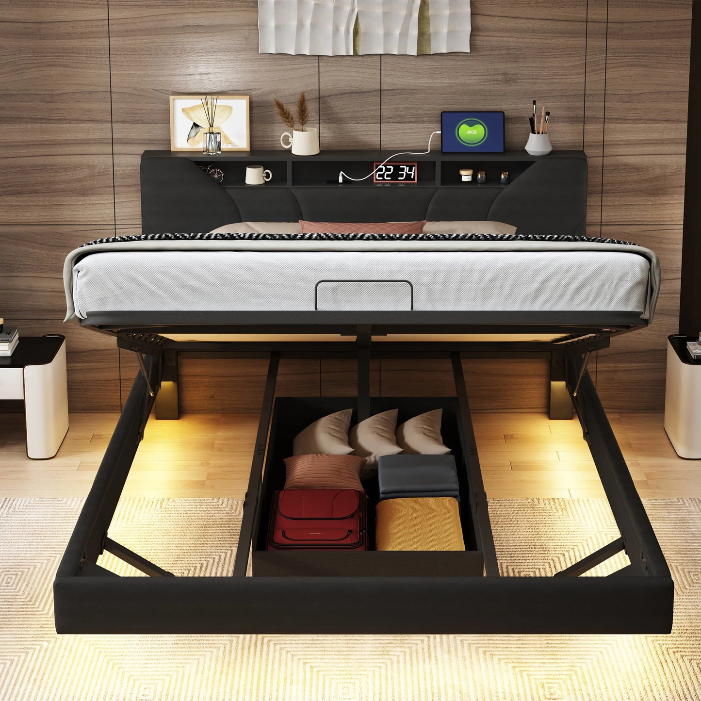 Rosahqnda Soft Bed,Air Pressure Storage Bed, with LED and USB Charging Ports,Adjustable Headboard,Bedroom,Adults,Youth,Black PU