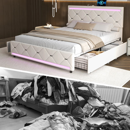 Comanlai 160 x 200 cm Polsterbett, mit USB-Ladefunktion und LED-Kopfteil und 4 Schubladen, ohne Matratze, Samt, gebrochenes Weiß