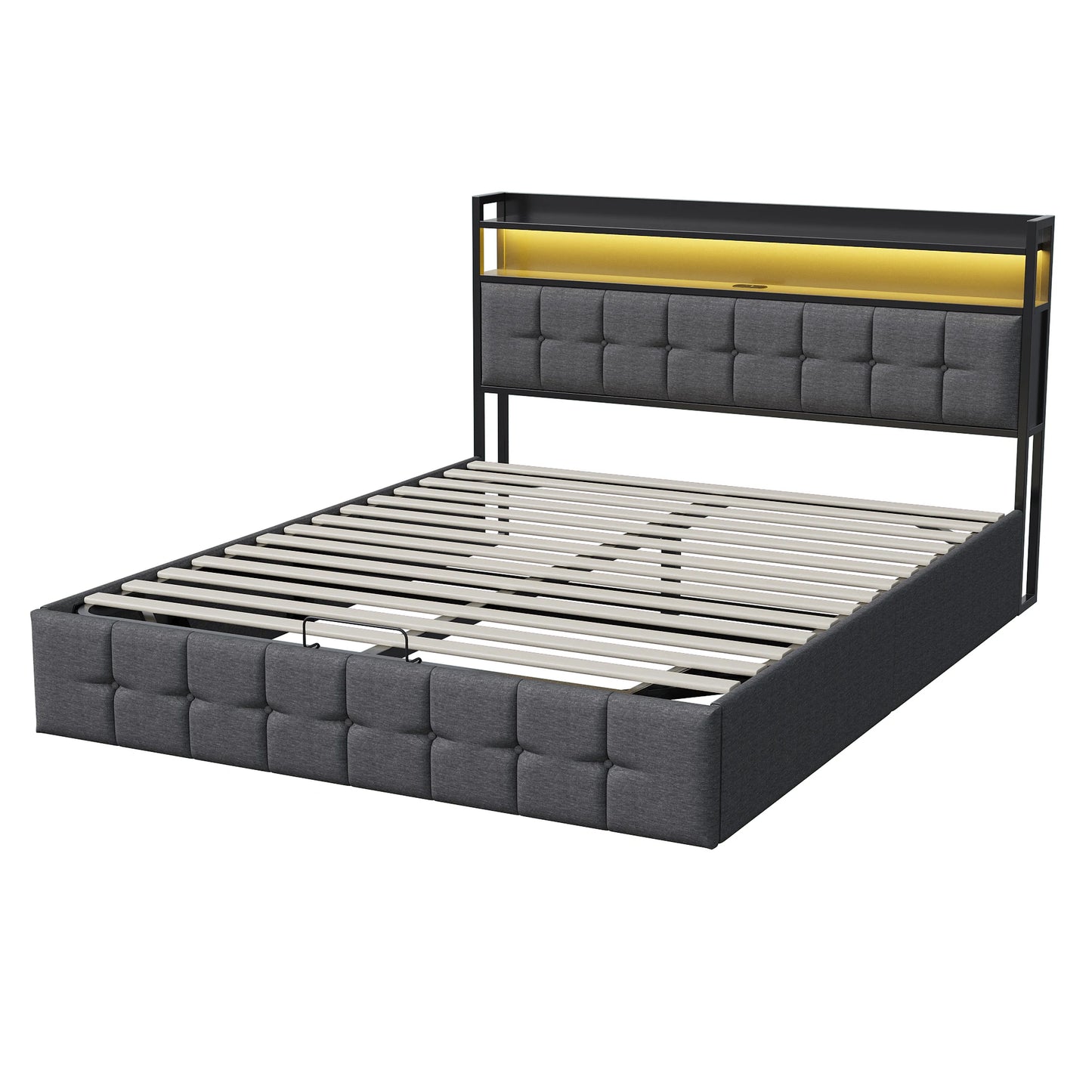 Rosahqnda Multifunctional Double Bed,Rechargeable,LED and Hydraulic Storage,Teen Bed,140/160 x 200 cm,Linen/PU,Grey,Black.