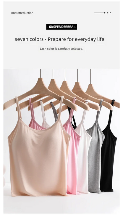 Solid Color Sling Vest for Women with Built-in Bra Pads, Adjustable Shoulder Straps - Summer Inner Layer Top.